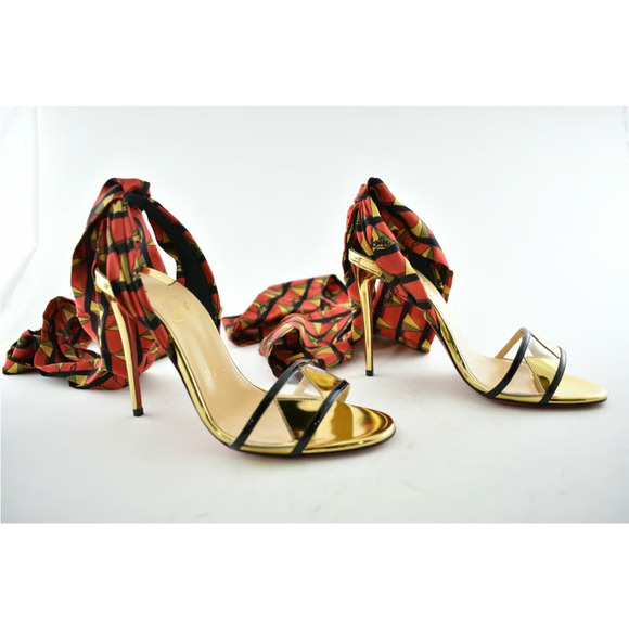 Christian Louboutin Baigneuse 100 Black Gold Red Lace Up Sandal Heel Pump 36.5 - Picture 6 of 12